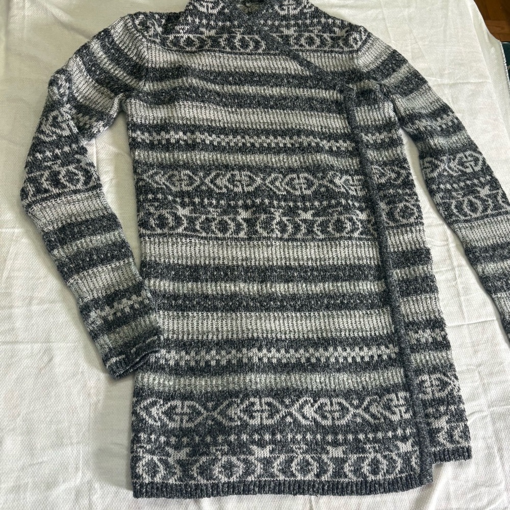 Lucky Brand Tribal Aztec Open Cardigan Gray Long Knit Boho Small - Picture 7 of 9